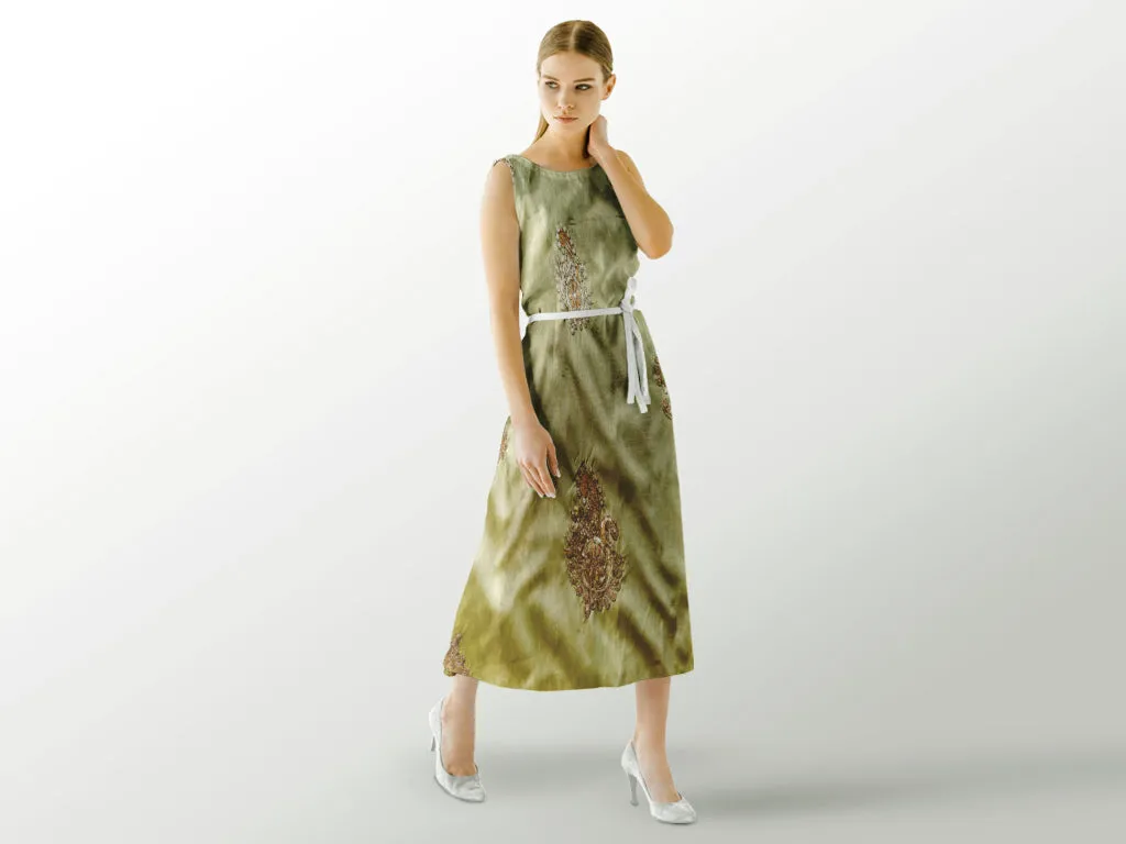 Light Green Golden Sequins Dori Floral Motifs Embroidered Taffeta Silk Fabric