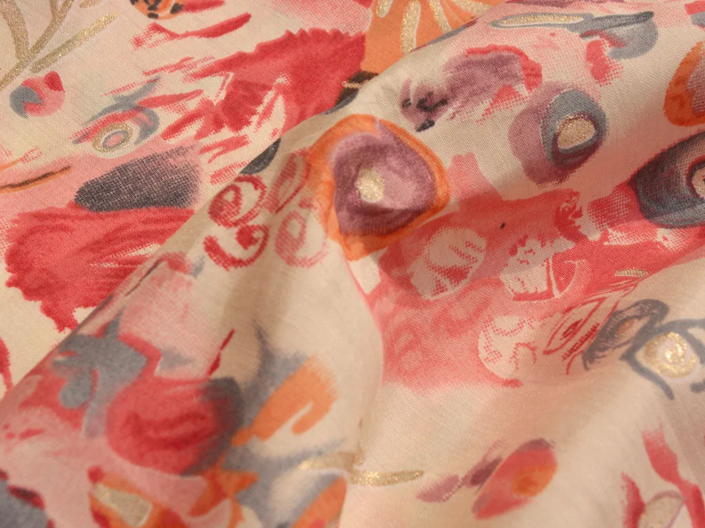 Light Orange & Pink Abstract Printed Premium Modal Chanderi Silk Fabric