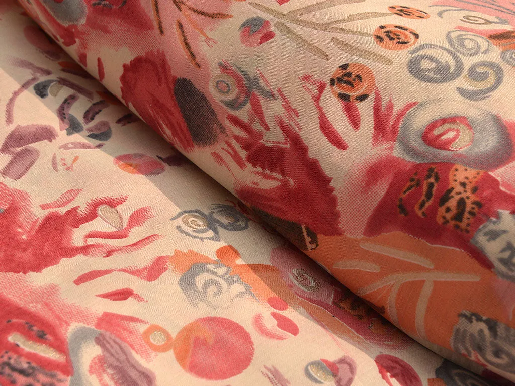 Light Orange & Pink Abstract Printed Premium Modal Chanderi Silk Fabric