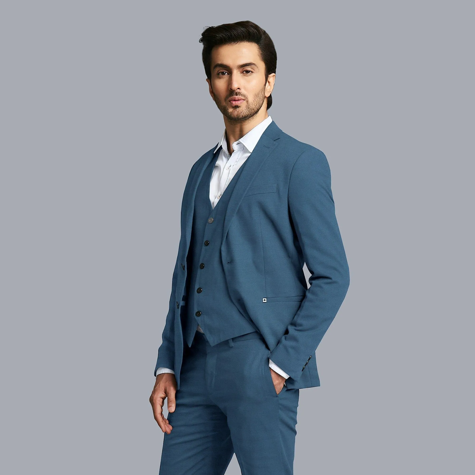 Light petrol blue plain super 140's blended wool suiting fabric-D-10928
