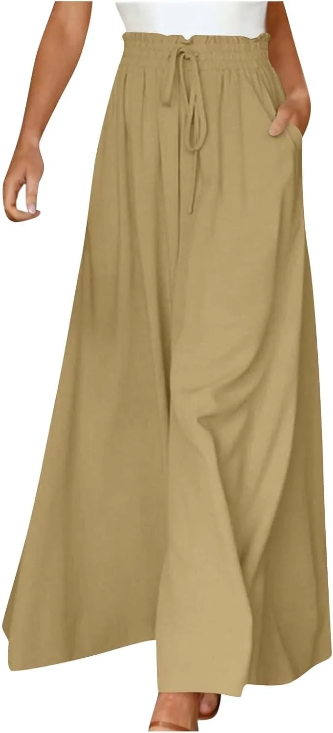 Linen Pants for Women Summer Drawstring Wide Leg Pants Flowy High Waisted Pant Loose Casual Palazzo Pant