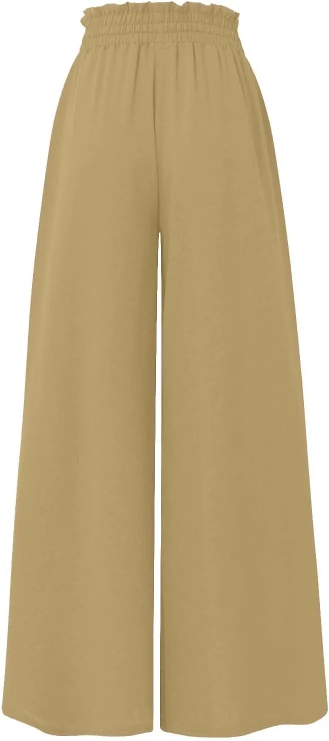 Linen Pants for Women Summer Drawstring Wide Leg Pants Flowy High Waisted Pant Loose Casual Palazzo Pant
