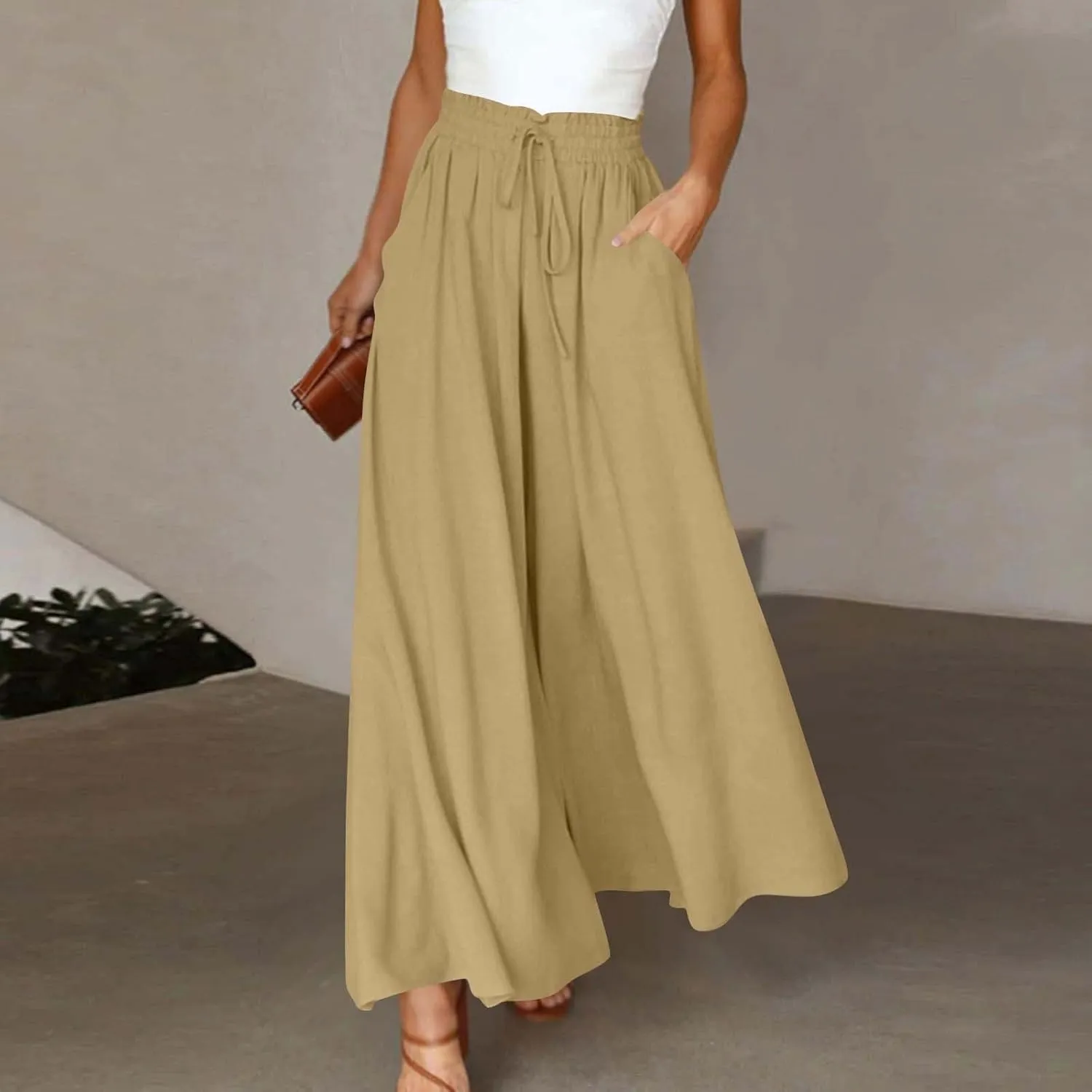 Linen Pants for Women Summer Drawstring Wide Leg Pants Flowy High Waisted Pant Loose Casual Palazzo Pant