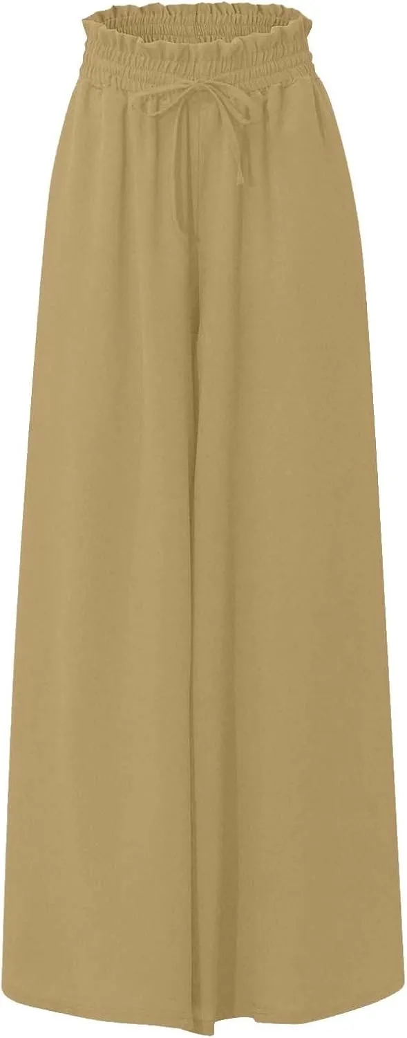 Linen Pants for Women Summer Drawstring Wide Leg Pants Flowy High Waisted Pant Loose Casual Palazzo Pant