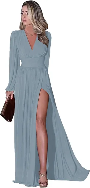Long Dusty Blue Bridesmaid Dresses for Women 2025 Wedding Guest Chiffon Formal Evening Gown with Sleeves Size 8