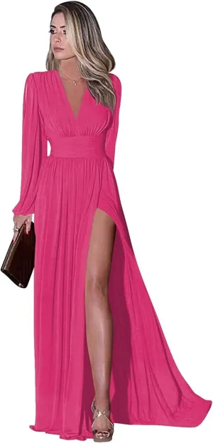 Long Hot Pink Bridesmaid Dresses for Women 2025 Wedding Guest Chiffon Formal Evening Gown with Sleeves Size 8