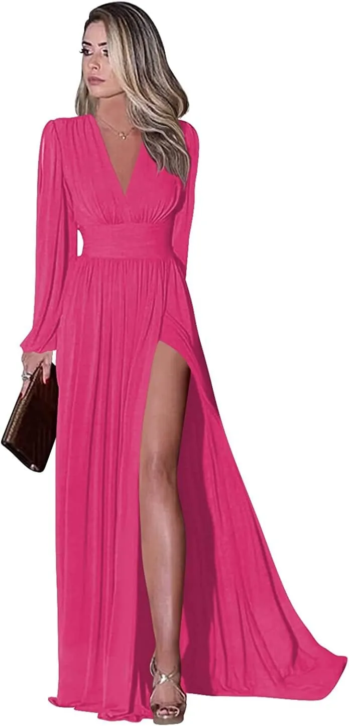 Long Hot Pink Bridesmaid Dresses for Women 2025 Wedding Guest Chiffon Formal Evening Gown with Sleeves Size 8