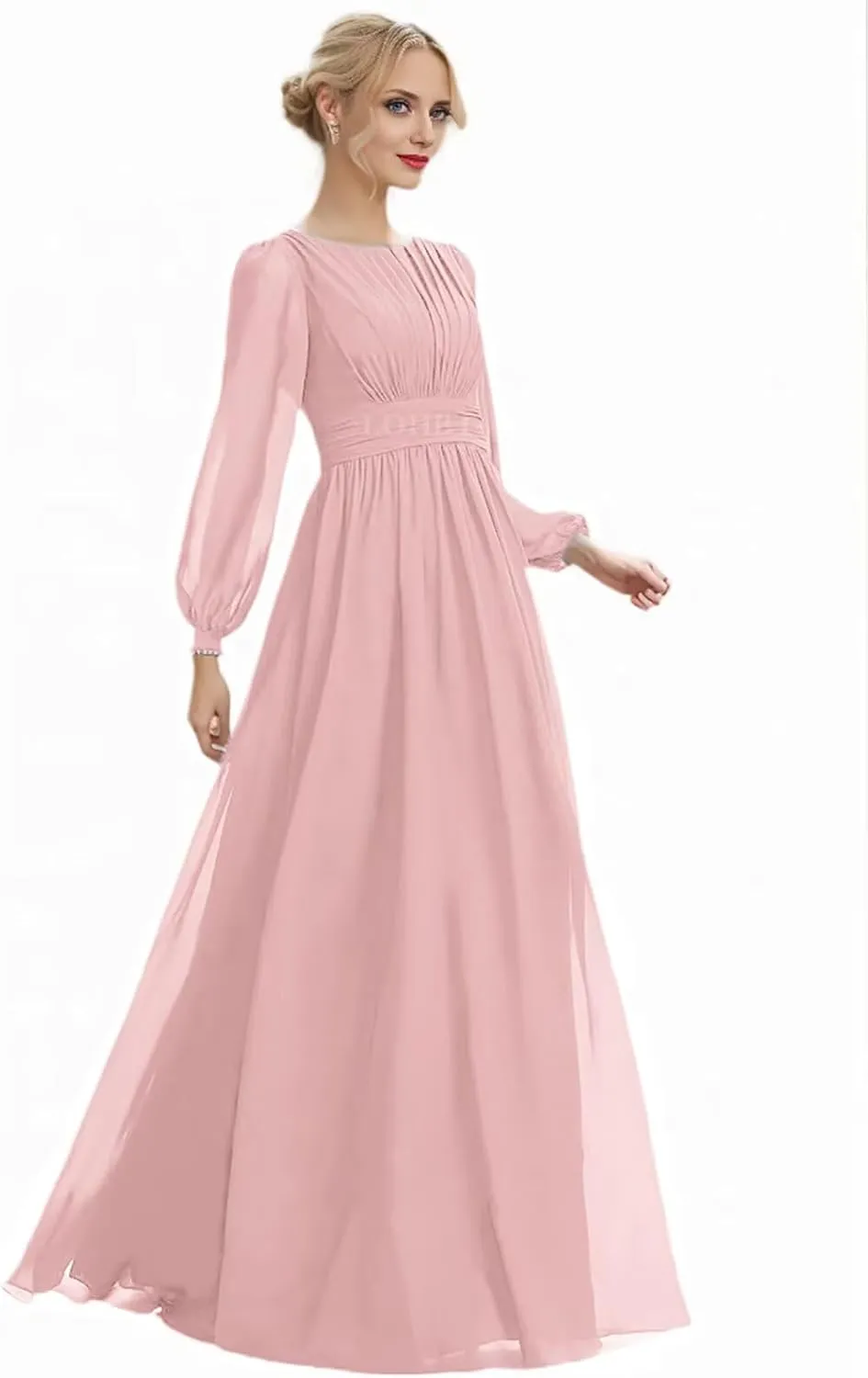 Long Sleeves Bridesmaid Dresses for Wedding Prom Dress Pleated Corset Chiffon Formal Evening Gowns with Bow Tie