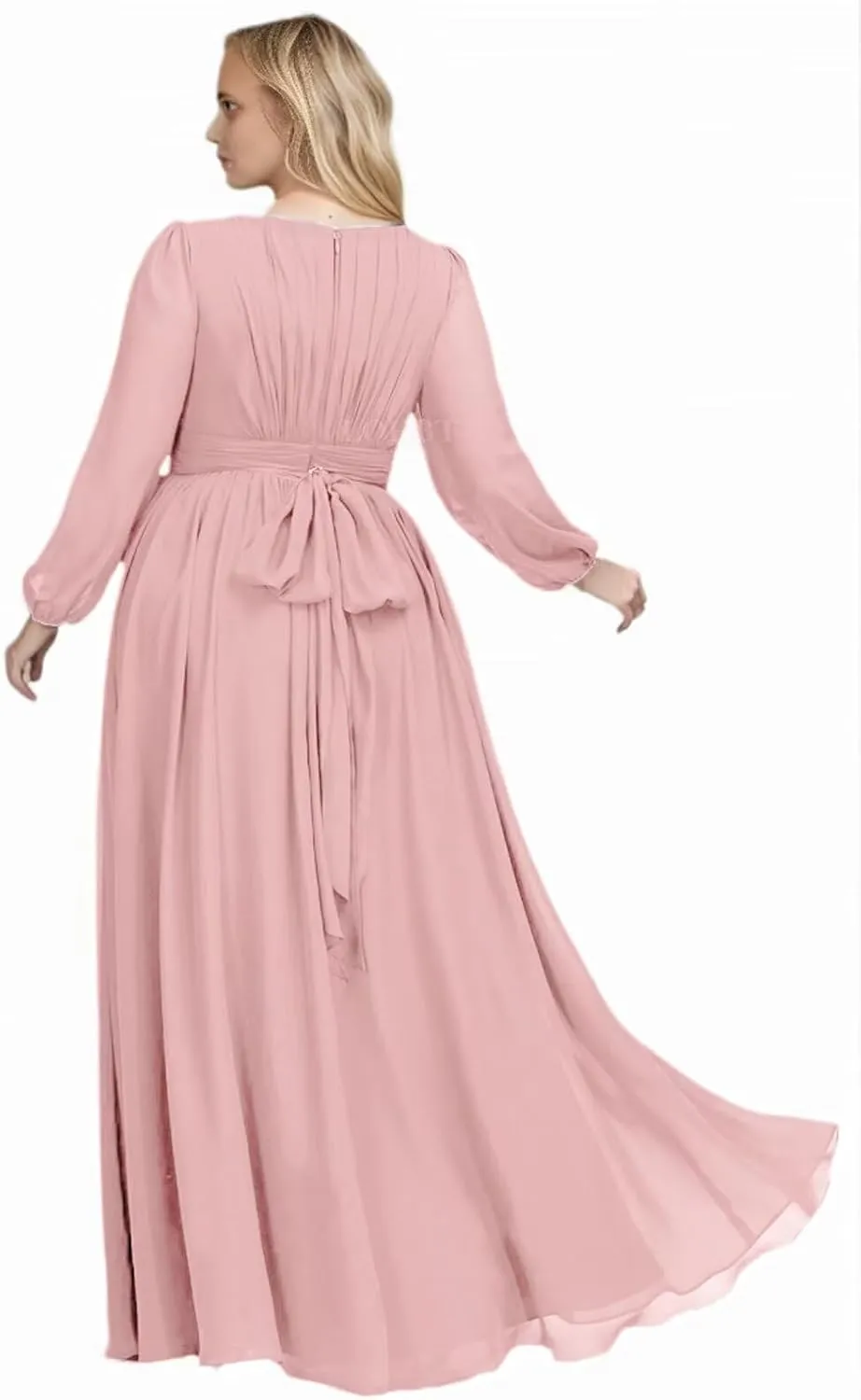 Long Sleeves Bridesmaid Dresses for Wedding Prom Dress Pleated Corset Chiffon Formal Evening Gowns with Bow Tie