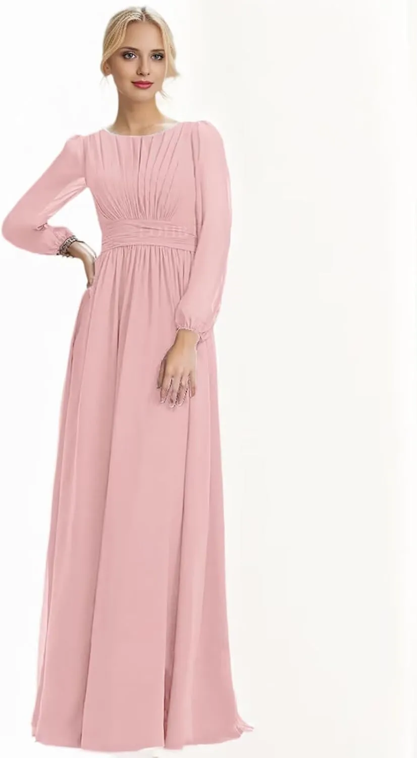 Long Sleeves Bridesmaid Dresses for Wedding Prom Dress Pleated Corset Chiffon Formal Evening Gowns with Bow Tie