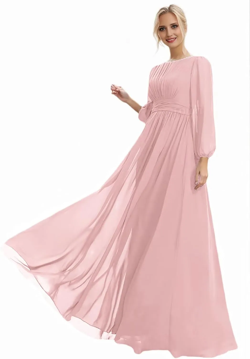 Long Sleeves Bridesmaid Dresses for Wedding Prom Dress Pleated Corset Chiffon Formal Evening Gowns with Bow Tie