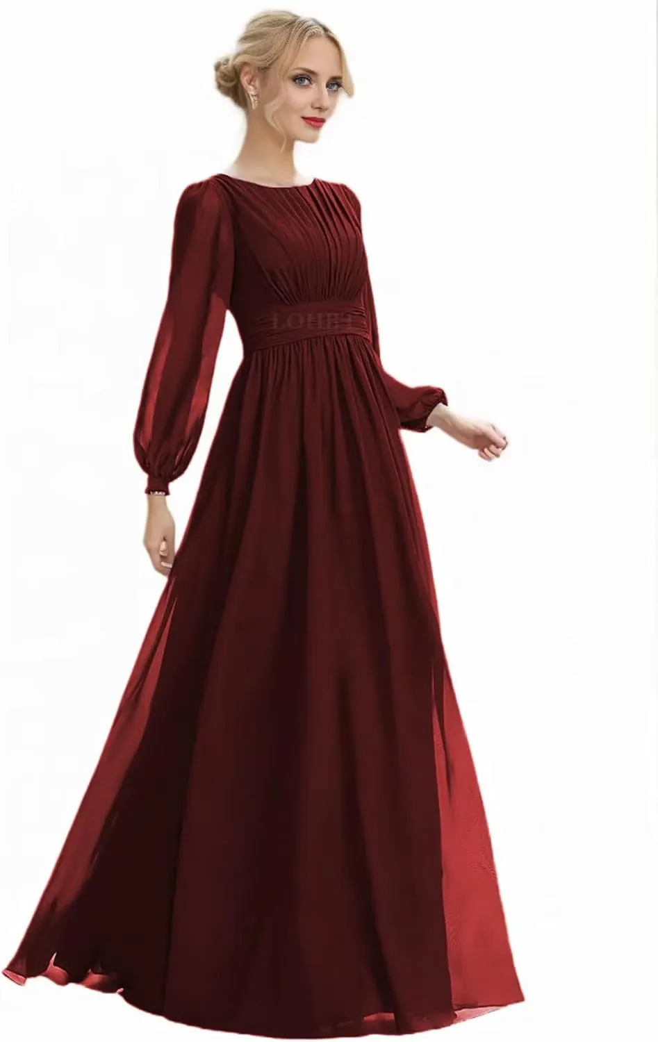 Long Sleeves Bridesmaid Dresses for Wedding Prom Dress Pleated Corset Chiffon Formal Evening Gowns with Bow Tie