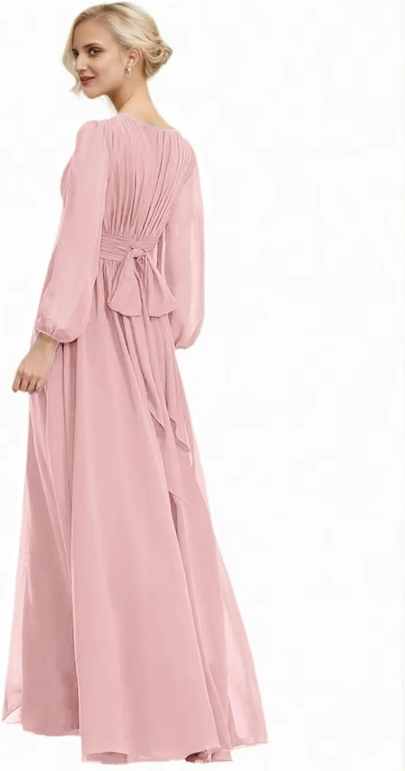 Long Sleeves Bridesmaid Dresses for Wedding Prom Dress Pleated Corset Chiffon Formal Evening Gowns with Bow Tie