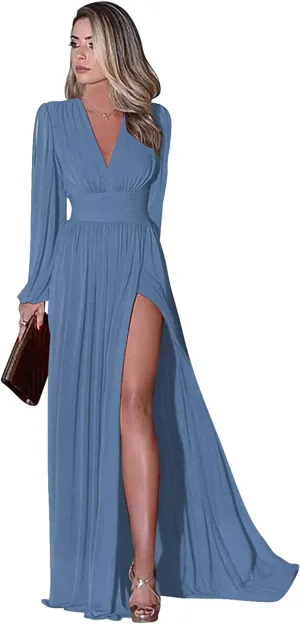 Long Steel Blue Bridesmaid Dresses for Women 2025 Wedding Guest Chiffon Formal Evening Gown with Sleeves Size 8