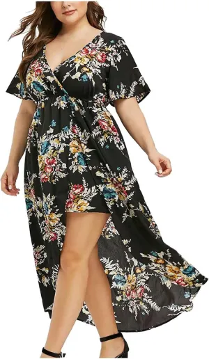 Lsydnfow Plus Size Summer Dresses V Neck Front Slit Floral Prints Dresses for Women Midi Dresses for Women
