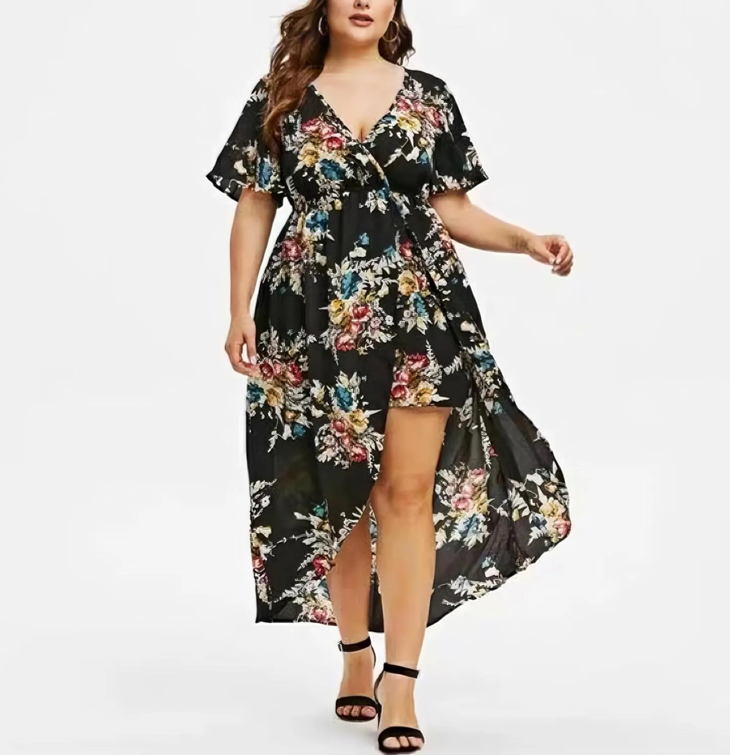 Lsydnfow Plus Size Summer Dresses V Neck Front Slit Floral Prints Dresses for Women Midi Dresses for Women