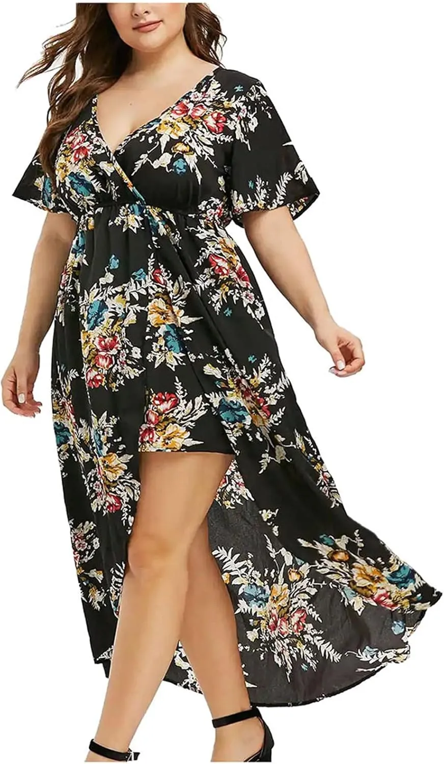 Lsydnfow Plus Size Summer Dresses V Neck Front Slit Floral Prints Dresses for Women Midi Dresses for Women