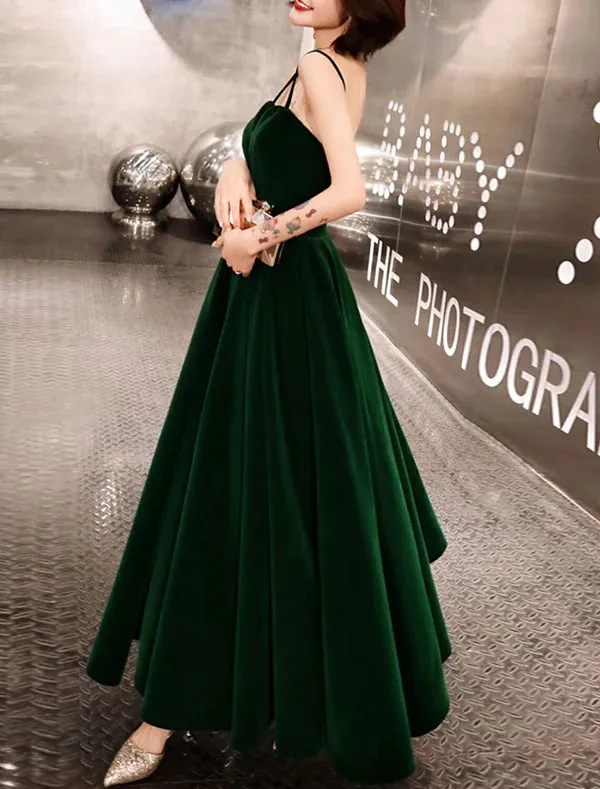 Luolandi A-Line Prom Dresses Beautiful Back Dress Wedding Guest Prom Ankle Length Sleeveless Spaghetti Strap Velvet with Sleek Pleats Evening Dress