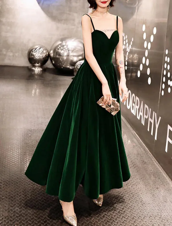 Luolandi A-Line Prom Dresses Beautiful Back Dress Wedding Guest Prom Ankle Length Sleeveless Spaghetti Strap Velvet with Sleek Pleats Evening Dress