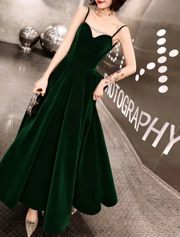 Luolandi A-Line Prom Dresses Beautiful Back Dress Wedding Guest Prom Ankle Length Sleeveless Spaghetti Strap Velvet with Sleek Pleats Evening Dress