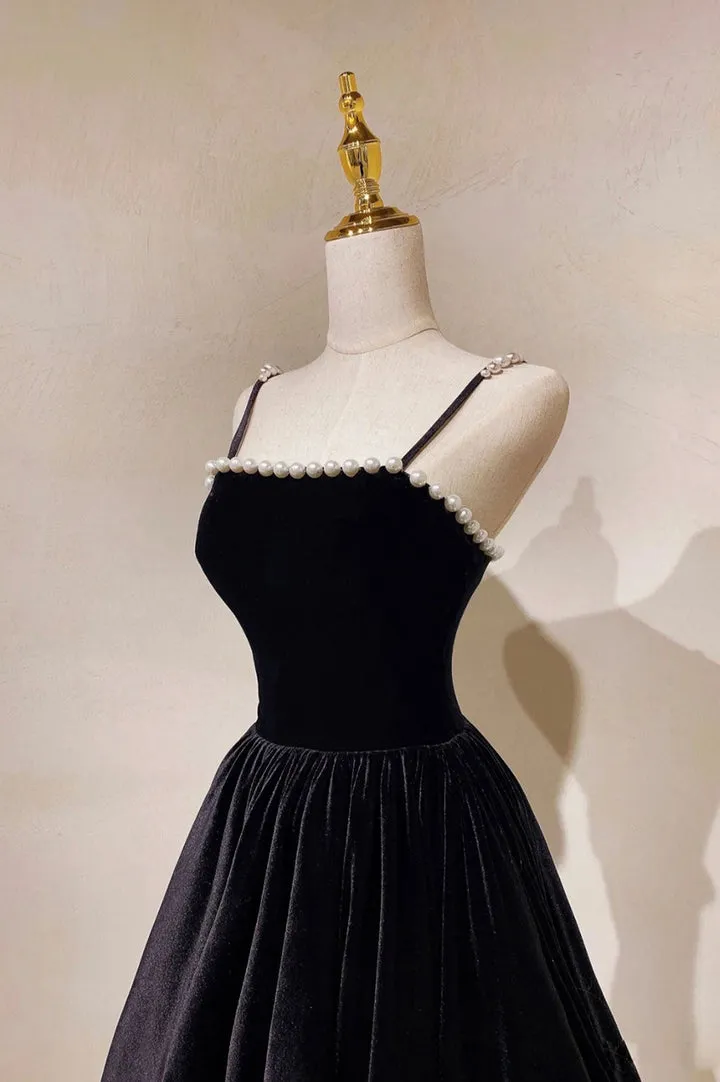 Luolandi Black Velvet Pearls Long Prom Dresses A-Line Evening Party Dresses