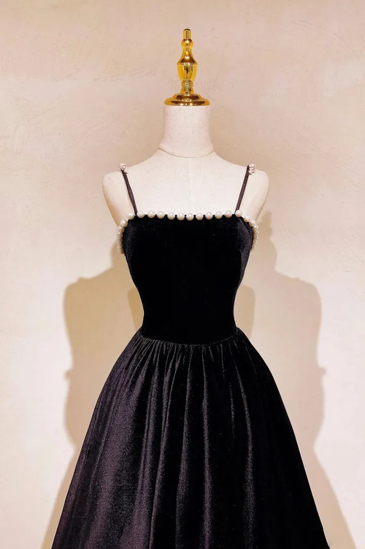 Luolandi Black Velvet Pearls Long Prom Dresses A-Line Evening Party Dresses