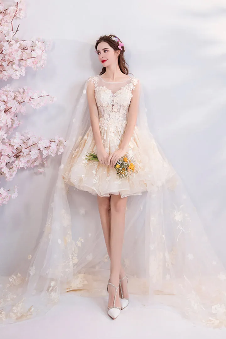 Luolandi Champagne Tulle Lace Short Prom Dresses A-Line Lace Party Dresses With Flowers