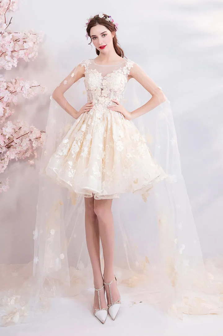 Luolandi Champagne Tulle Lace Short Prom Dresses A-Line Lace Party Dresses With Flowers