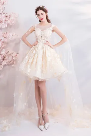 Luolandi Champagne Tulle Lace Short Prom Dresses A-Line Lace Party Dresses With Flowers