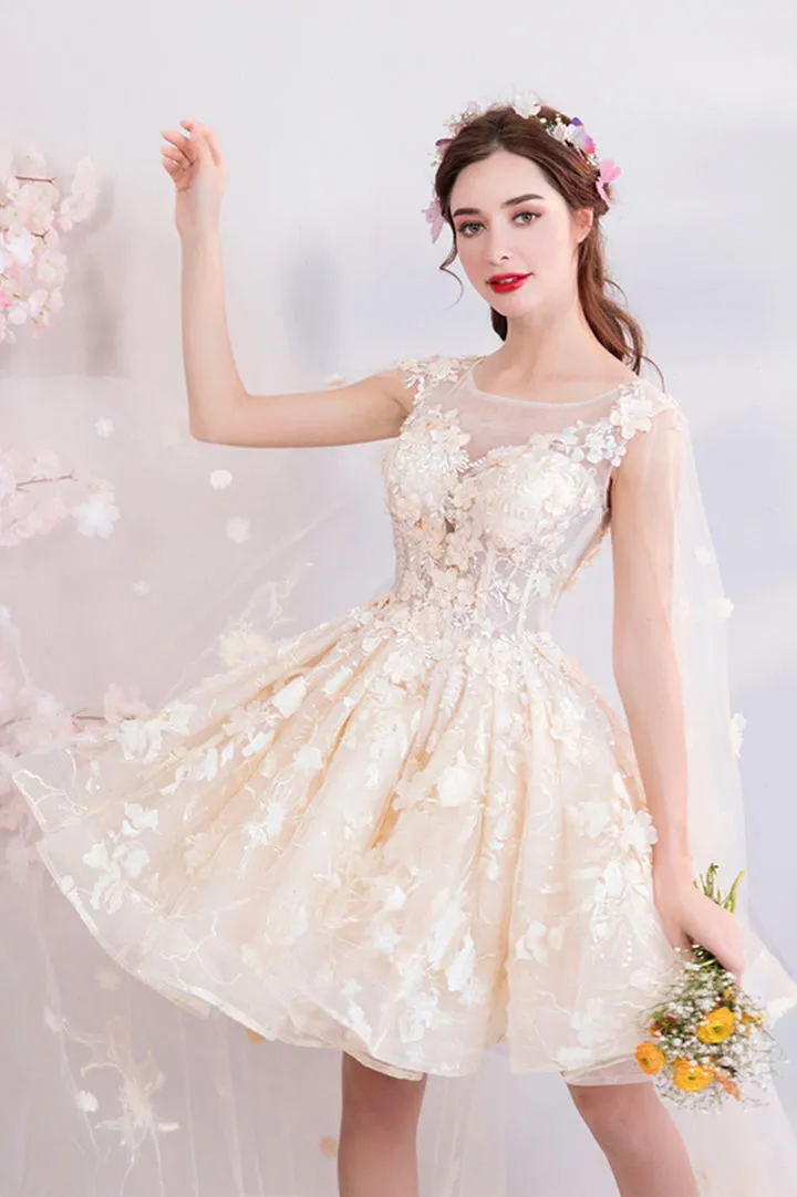 Luolandi Champagne Tulle Lace Short Prom Dresses A-Line Lace Party Dresses With Flowers
