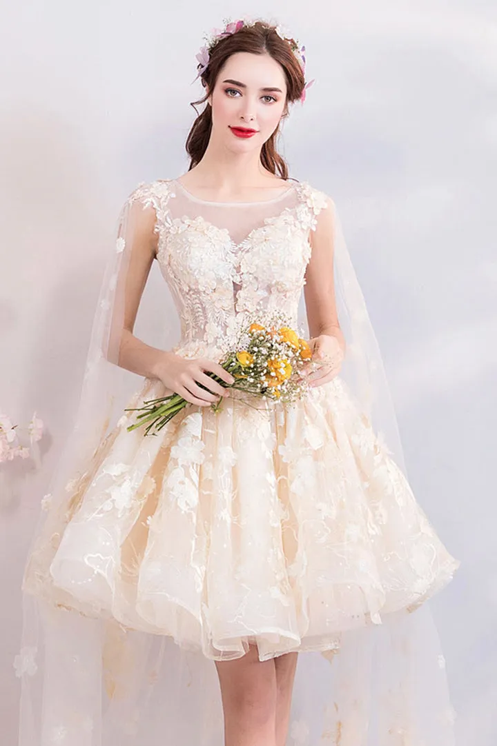 Luolandi Champagne Tulle Lace Short Prom Dresses A-Line Lace Party Dresses With Flowers