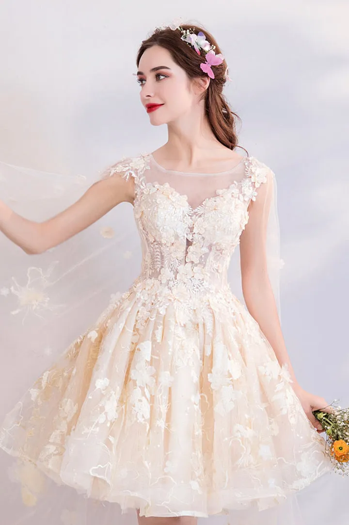 Luolandi Champagne Tulle Lace Short Prom Dresses A-Line Lace Party Dresses With Flowers