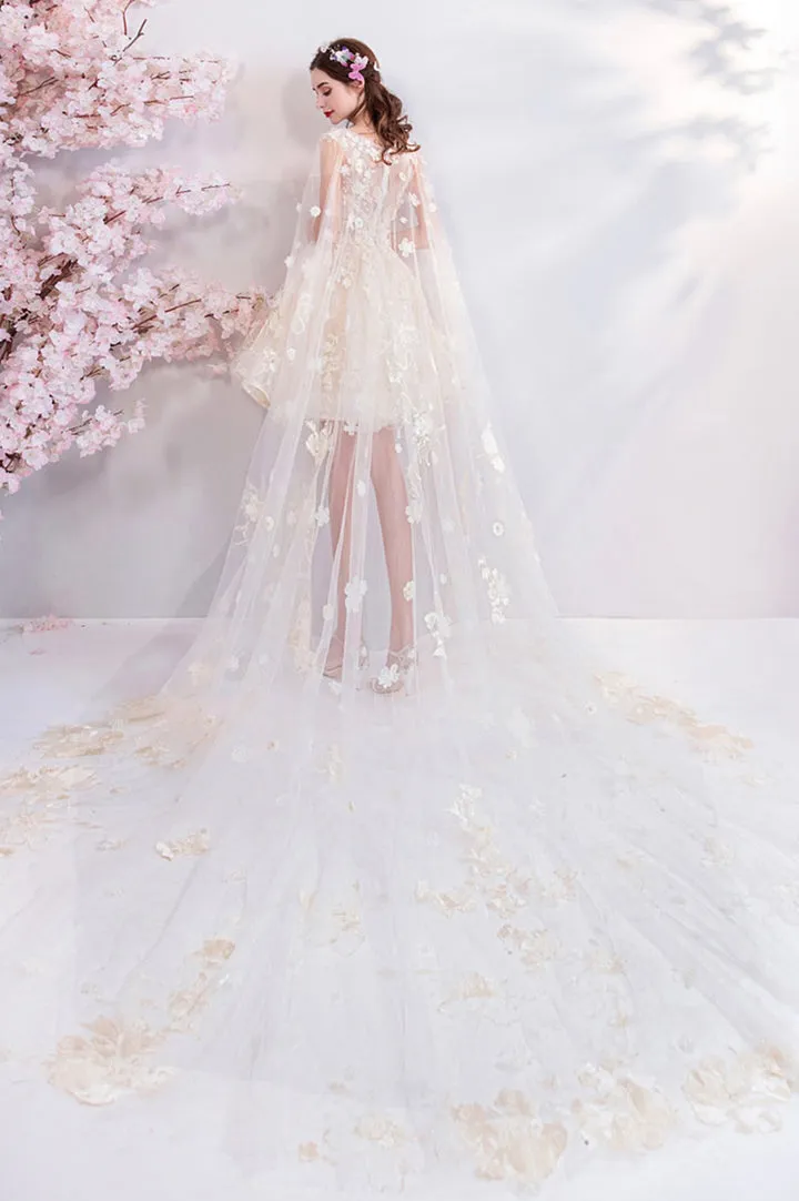Luolandi Champagne Tulle Lace Short Prom Dresses A-Line Lace Party Dresses With Flowers