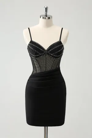 Luolandi Glitter Black Tight Short Spaghetti Straps Corset Homecoming Dresses Sexy Party Dress