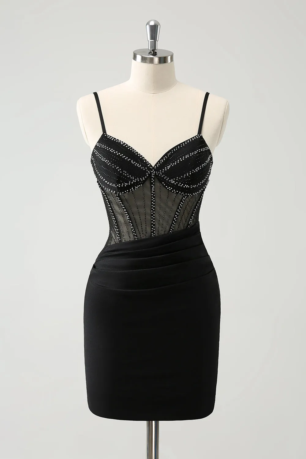 Luolandi Glitter Black Tight Short Spaghetti Straps Corset Homecoming Dresses Sexy Party Dress