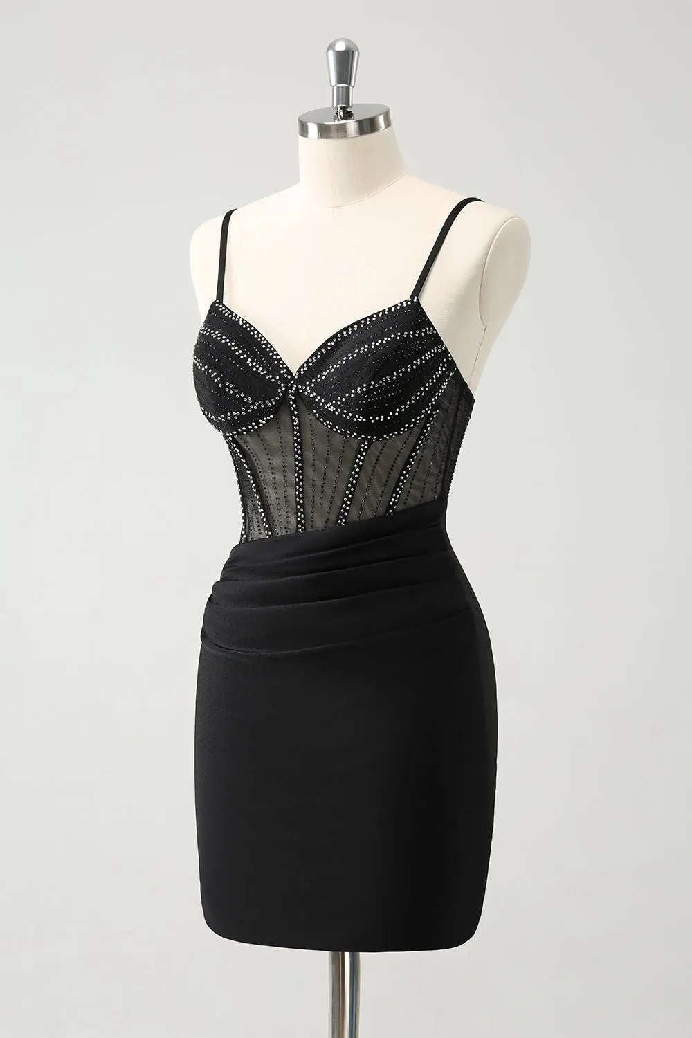 Luolandi Glitter Black Tight Short Spaghetti Straps Corset Homecoming Dresses Sexy Party Dress