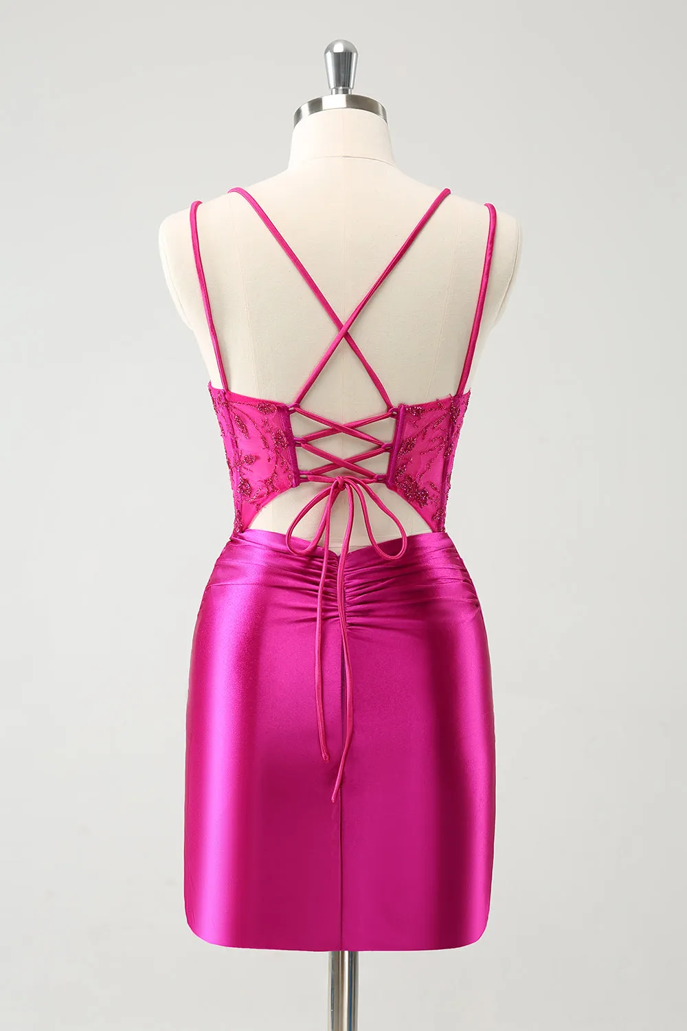 Luolandi Glitter Fuchsia Rushed Corset Short Tight Homecoming Dresses with Lace Up Back Party Dress