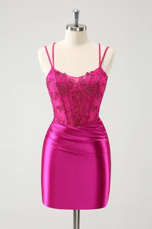 Luolandi Glitter Fuchsia Rushed Corset Short Tight Homecoming Dresses with Lace Up Back Party Dress