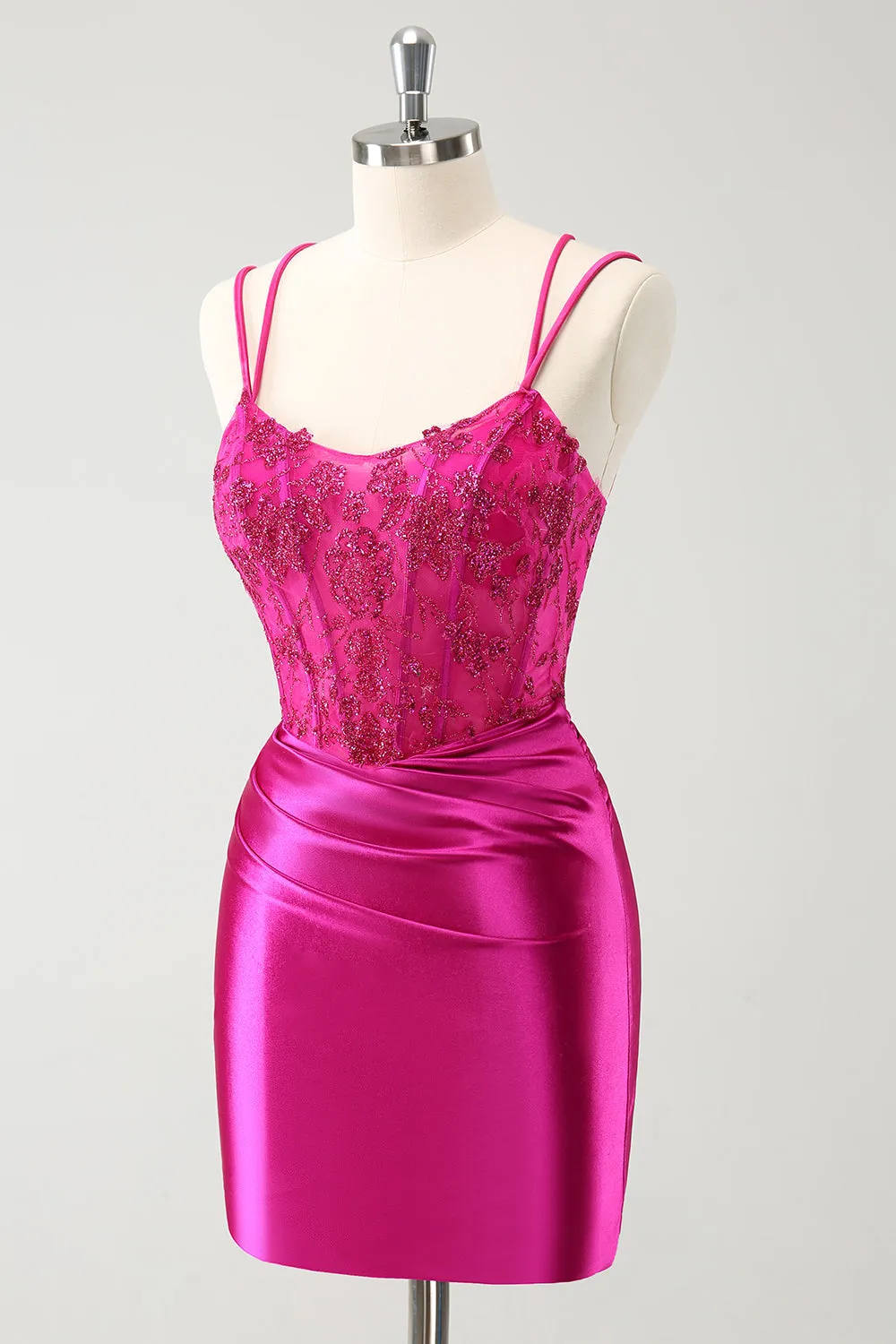 Luolandi Glitter Fuchsia Rushed Corset Short Tight Homecoming Dresses with Lace Up Back Party Dress