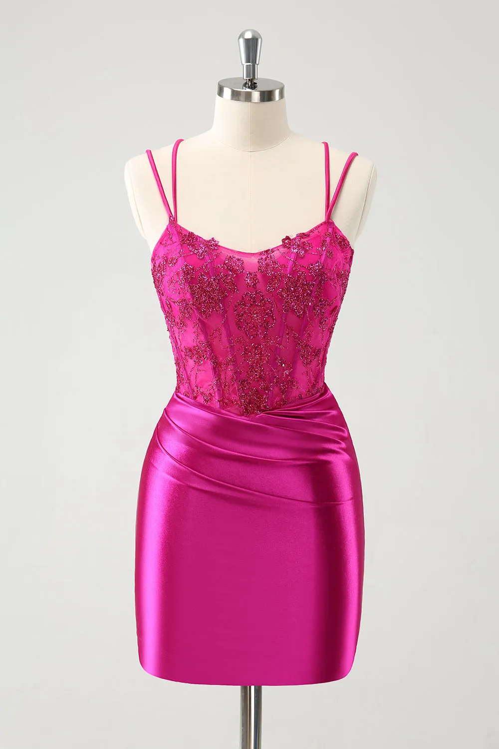 Luolandi Glitter Fuchsia Rushed Corset Short Tight Homecoming Dresses with Lace Up Back Party Dress
