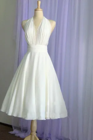 Luolandi Halter Tea Length A Line Backless Chiffon with Pleated Bodice Wedding Dresses Short