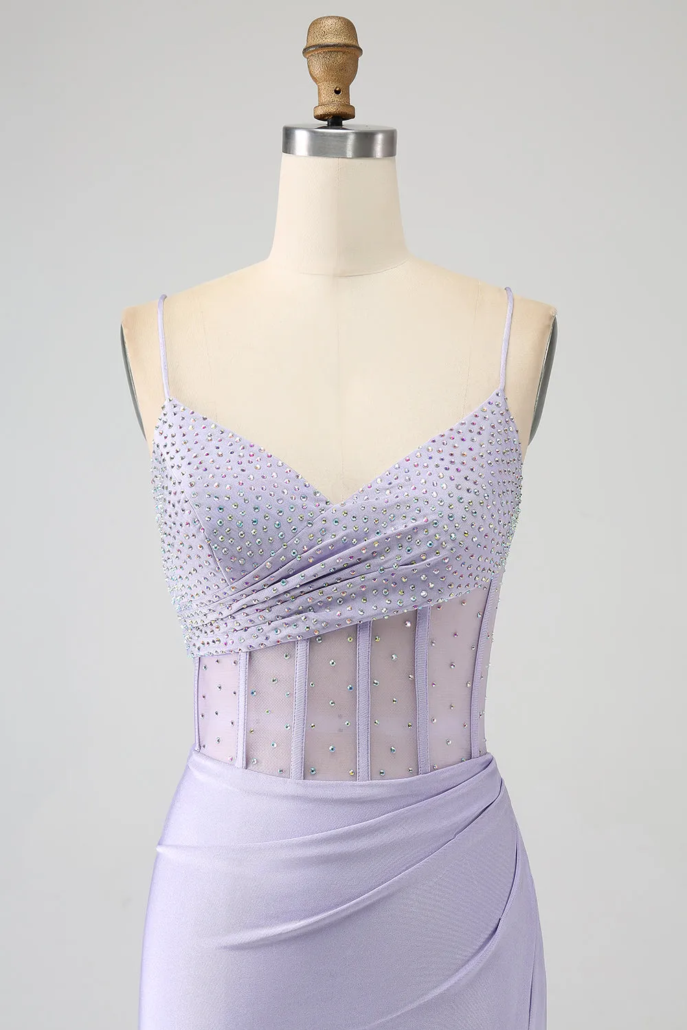 Luolandi Lavender Mermaid Cutout Glitter Corset Satin Prom Dresses with Pleated Split Sexy Evening Dresses