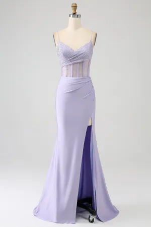 Luolandi Lavender Mermaid Cutout Glitter Corset Satin Prom Dresses with Pleated Split Sexy Evening Dresses