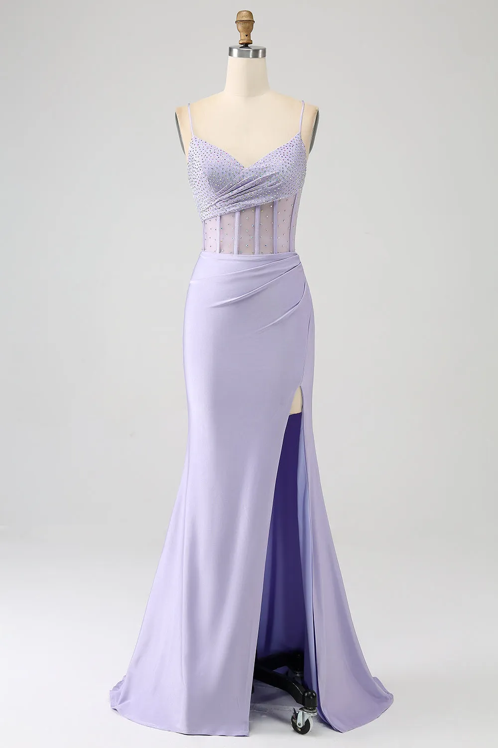 Luolandi Lavender Mermaid Cutout Glitter Corset Satin Prom Dresses with Pleated Split Sexy Evening Dresses