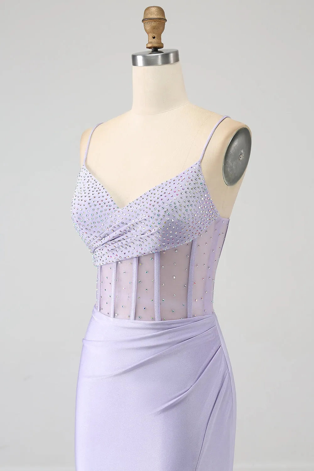 Luolandi Lavender Mermaid Cutout Glitter Corset Satin Prom Dresses with Pleated Split Sexy Evening Dresses