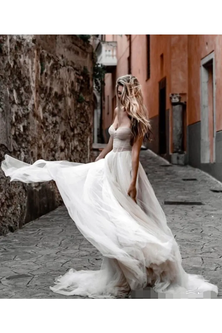 Luolandi Minimalist Pleated Tulle Bride Dresses Sweetheart Neckline Wedding Dresses Sexy