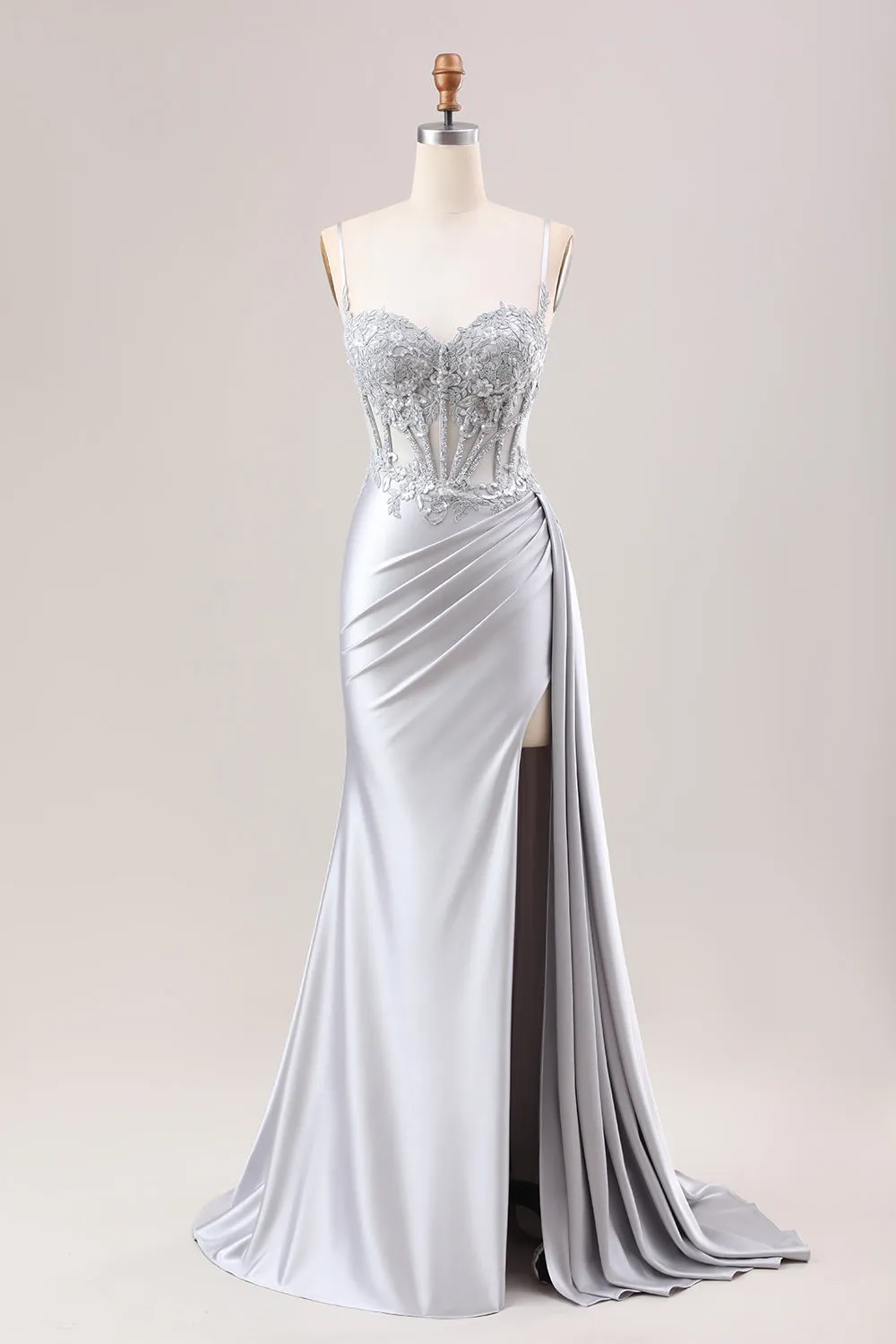 Luolandi Silver Mermaid Pleated Sheer Corset Satin Long Prom Dress With Slit Sexy Evening Dresses