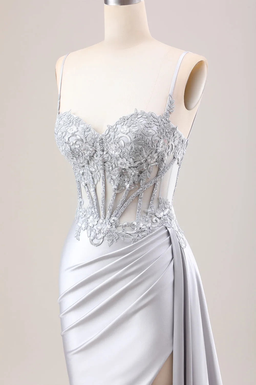 Luolandi Silver Mermaid Pleated Sheer Corset Satin Long Prom Dress With Slit Sexy Evening Dresses