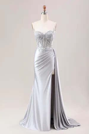Luolandi Silver Mermaid Pleated Sheer Corset Satin Long Prom Dress With Slit Sexy Evening Dresses