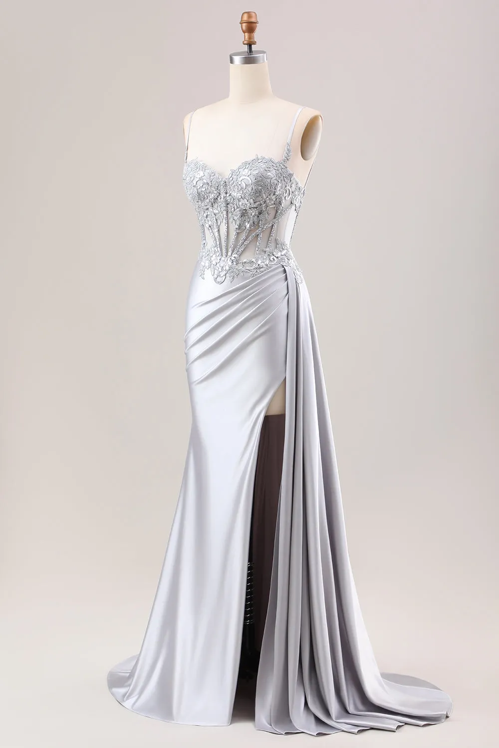 Luolandi Silver Mermaid Pleated Sheer Corset Satin Long Prom Dress With Slit Sexy Evening Dresses